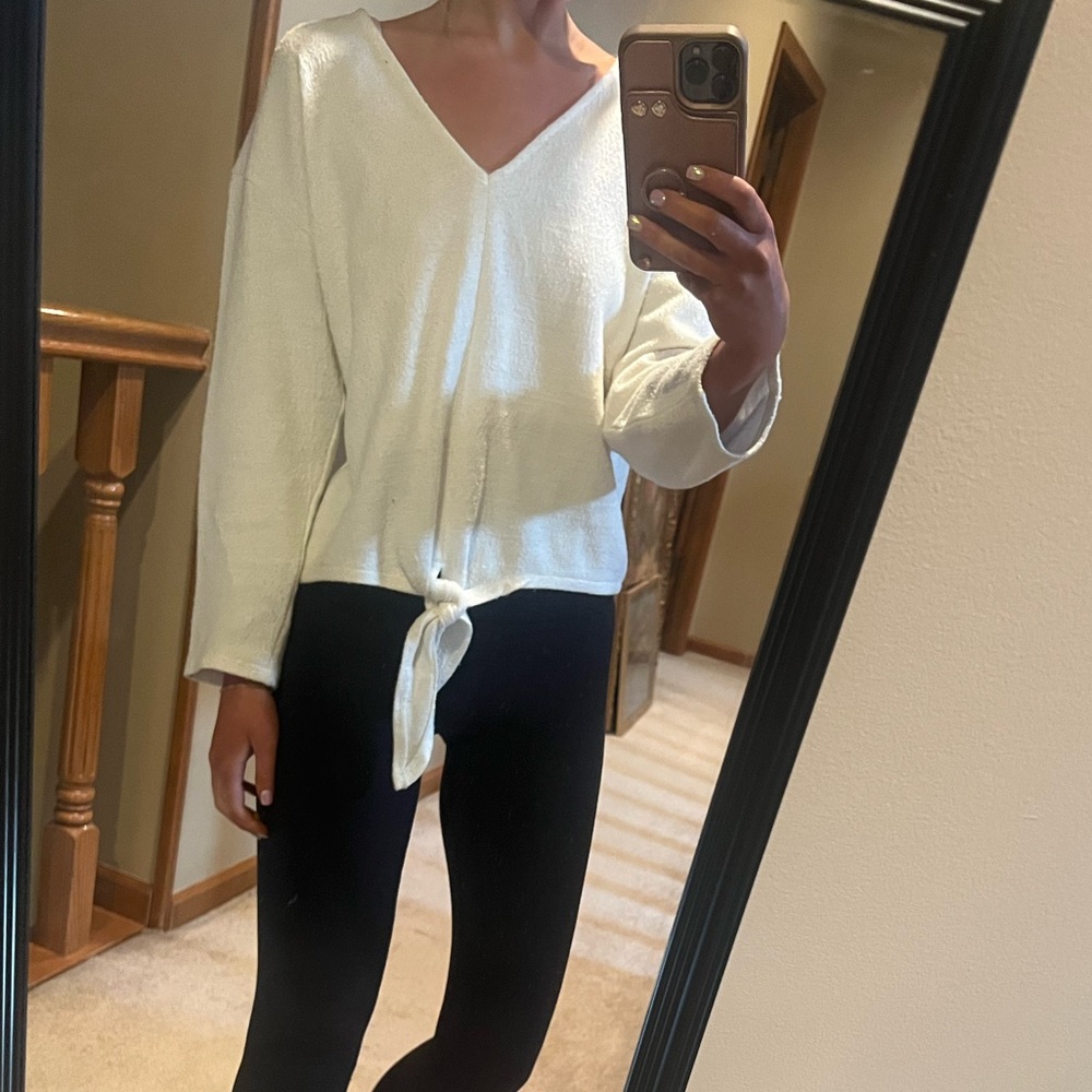 Madewell Texture & Thread Long-Sleeve Tie-Front Top Cream/White Size Medium